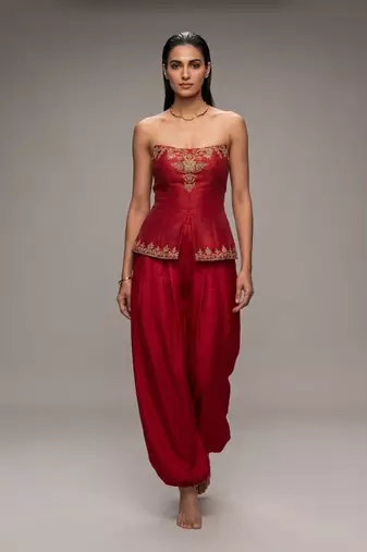Crimson red embroidered dupion silk co ord set