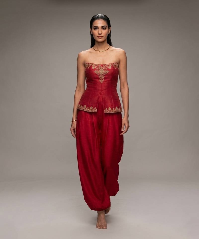 Crimson red embroidered dupion silk co ord set