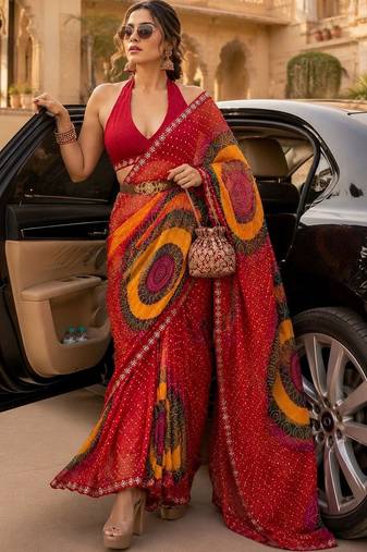 tie and dye embroidered poly georgette designer bandhani saree with blouse 