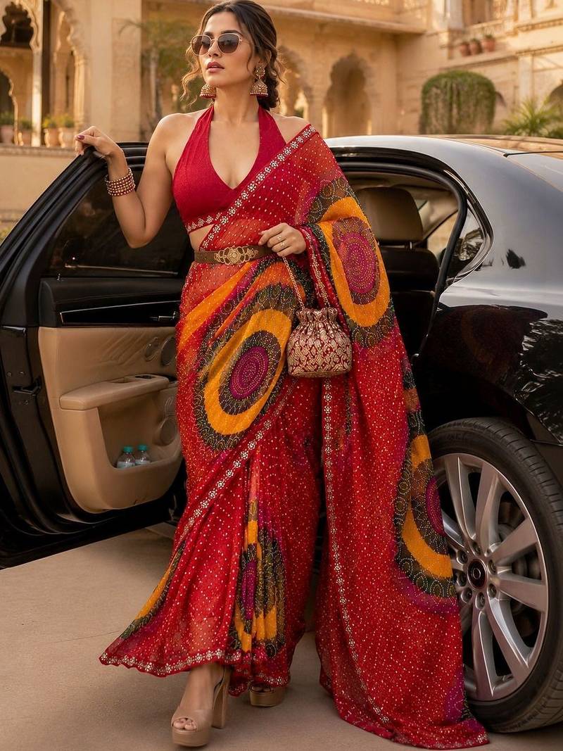 tie and dye embroidered poly georgette designer bandhani saree with blouse 