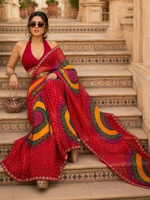 tie and dye embroidered poly georgette designer bandhani saree with blouse  2