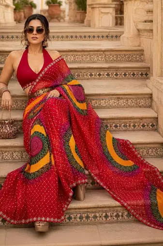 tie and dye embroidered poly georgette designer bandhani saree with blouse 