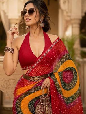 tie and dye embroidered poly georgette designer bandhani saree with blouse  3