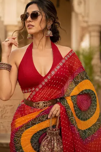 tie and dye embroidered poly georgette designer bandhani saree with blouse 