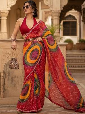 tie and dye embroidered poly georgette designer bandhani saree with blouse  6