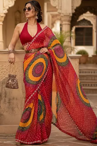 tie and dye embroidered poly georgette designer bandhani saree with blouse 