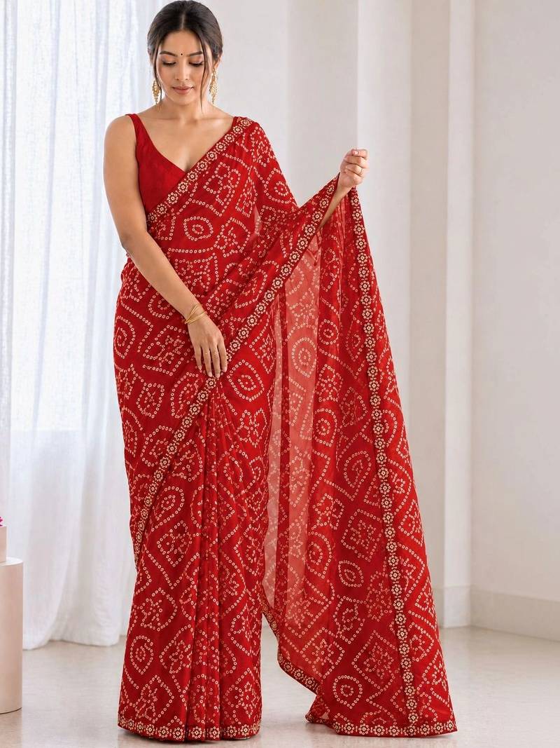 Bandhani Embroidered Poly Georgette Designer Bandhani Saree wtih blouse 