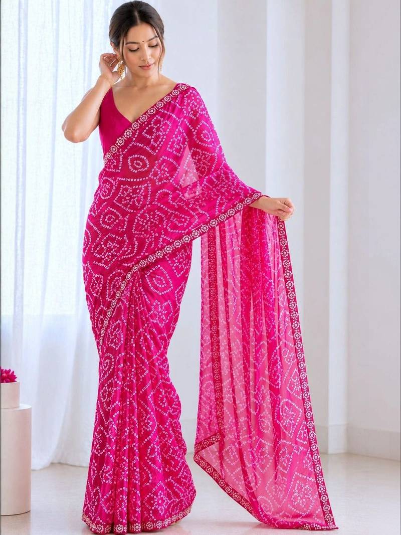 Bandhani Sequinned Poly Georgette Bandhani Saree with blouse