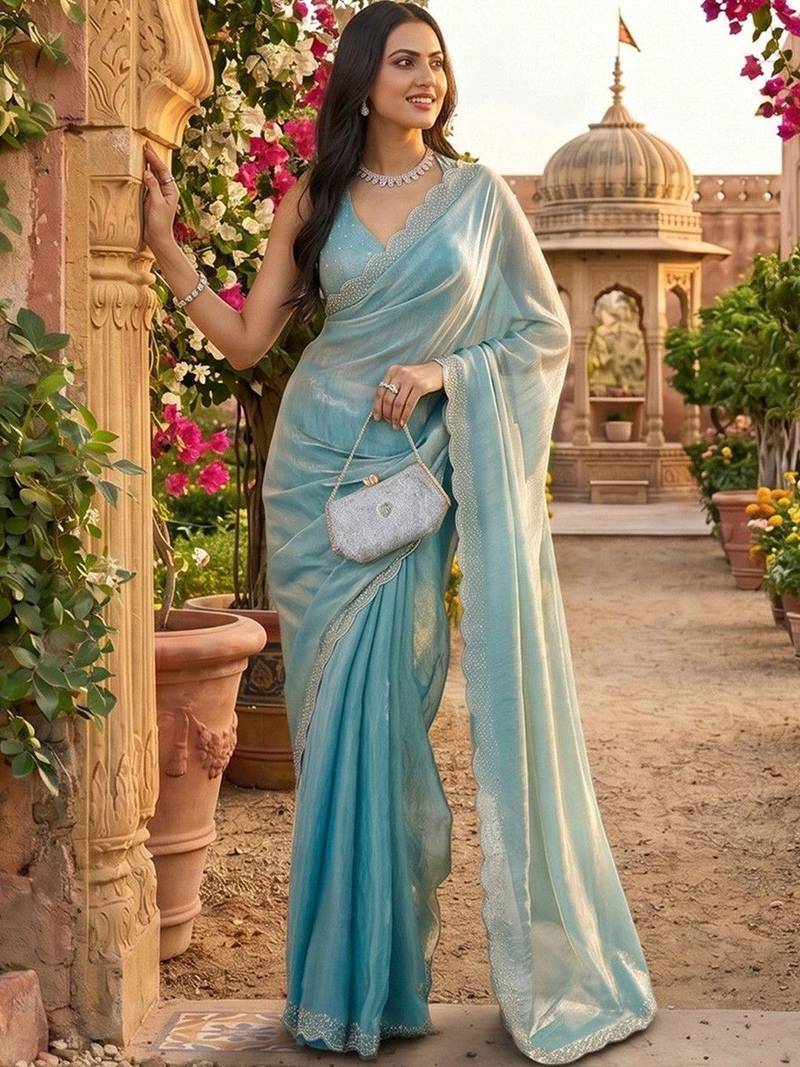 beads and stones silk blend saree with blouse