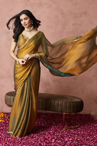 embroidered silk blend ready to wear saree with blouse 