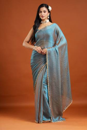 solid embellished beads and stones silk blend saree with blouse 