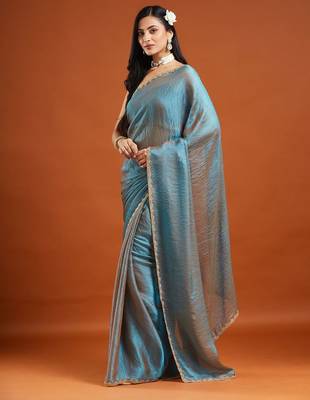 solid embellished beads and stones silk blend saree with blouse  2