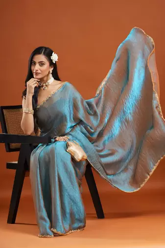 solid embellished beads and stones silk blend saree with blouse 