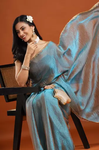 solid embellished beads and stones silk blend saree with blouse 