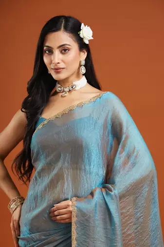 solid embellished beads and stones silk blend saree with blouse 