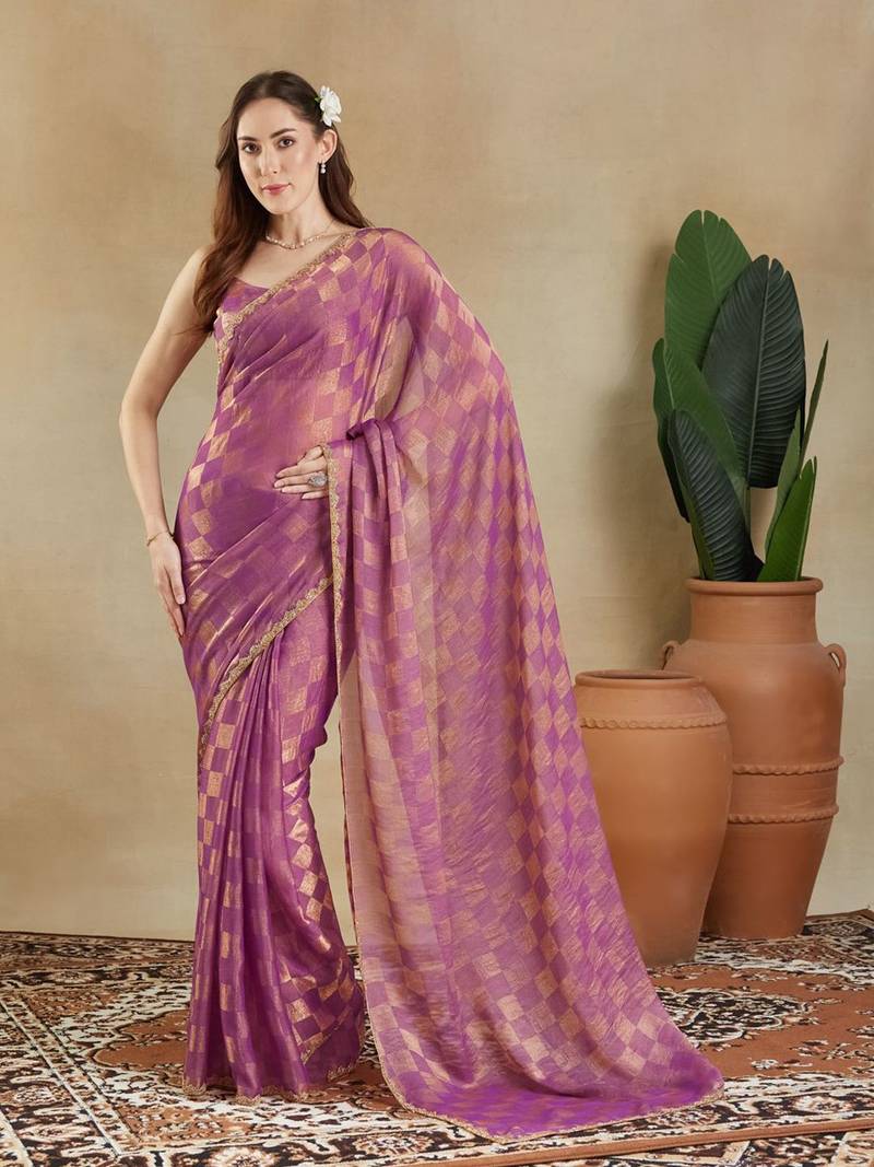checked woven design zari saree with blouse 