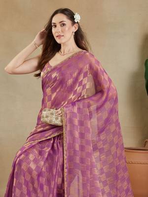 checked woven design zari saree with blouse  6