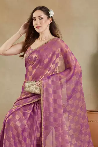 checked woven design zari saree with blouse 