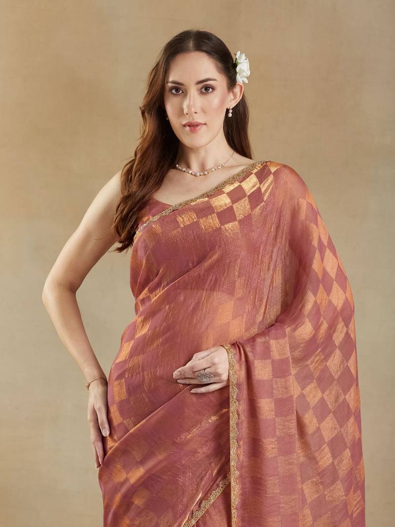 checked woven design zari saree with blouse 