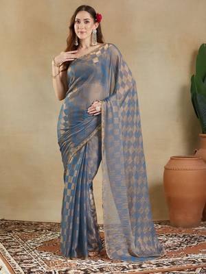 woven design checked embellished beads and stones border saree with blouse  2