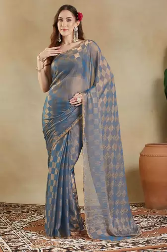 woven design checked embellished beads and stones border saree with blouse 