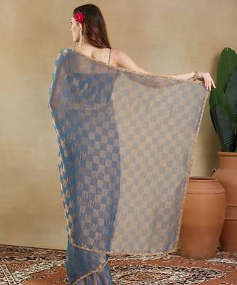 woven design checked embellished beads and stones border saree with blouse  3
