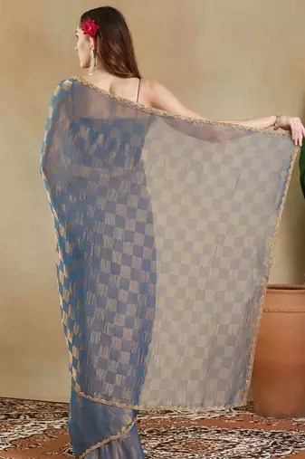 woven design checked embellished beads and stones border saree with blouse 