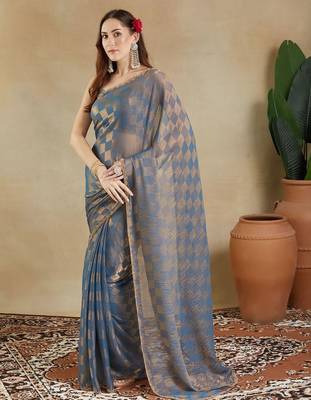 woven design checked embellished beads and stones border saree with blouse  4