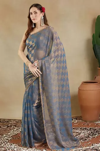 woven design checked embellished beads and stones border saree with blouse 