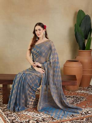 woven design checked embellished beads and stones border saree with blouse  5