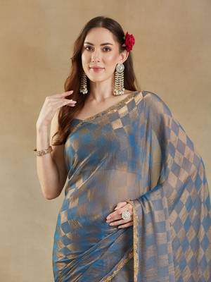 woven design checked embellished beads and stones border saree with blouse  1