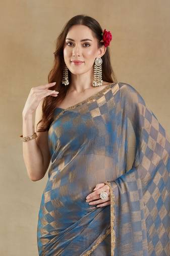 woven design checked embellished beads and stones border saree with blouse 
