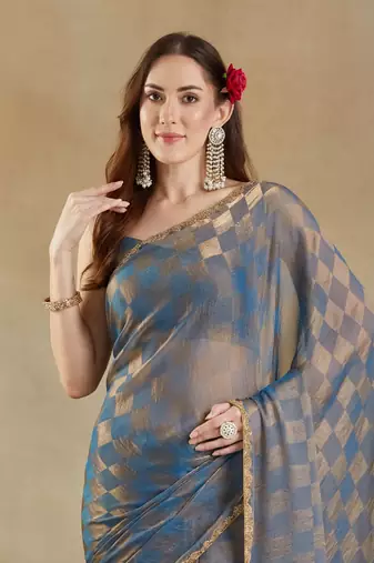 woven design checked embellished beads and stones border saree with blouse 