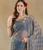 woven design checked embellished beads and stones border saree with blouse 