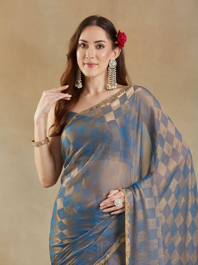 woven design checked embellished beads and stones border saree with blouse 
