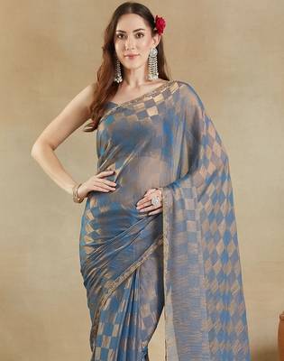 woven design checked embellished beads and stones border saree with blouse  6