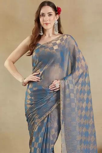 woven design checked embellished beads and stones border saree with blouse 