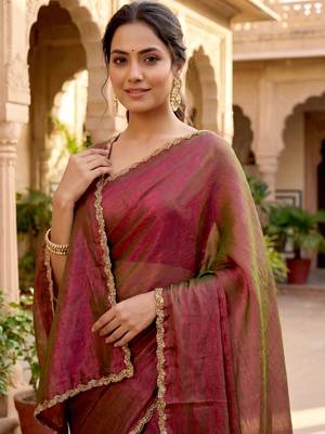 ombre beads and stones silk blend saree with blouse  4