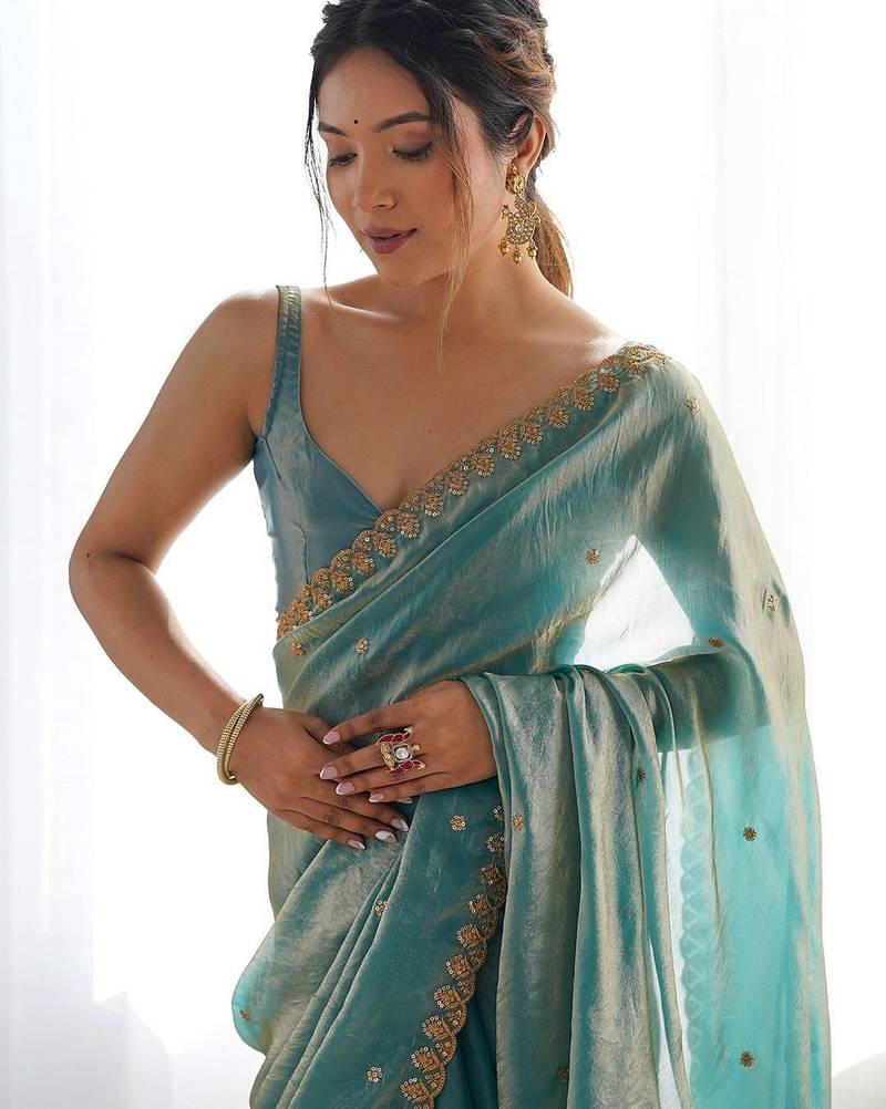 embellished sequinned tissue saree with blouse 
