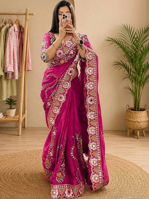 embellished floral mirror work pure georgette designer saree with blouse  1