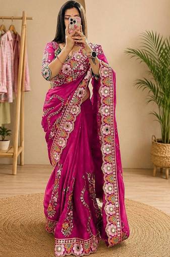 embellished floral mirror work pure georgette designer saree with blouse 