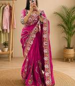 embellished floral mirror work pure georgette designer saree with blouse 