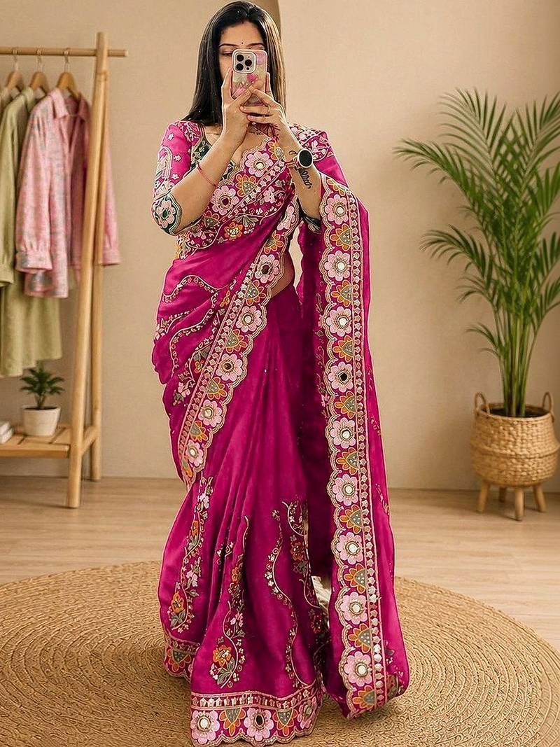 embellished floral mirror work pure georgette designer saree with blouse 