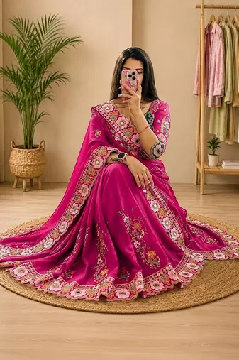 embellished floral mirror work pure georgette designer saree with blouse 