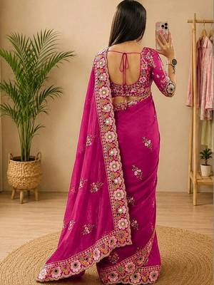 embellished floral mirror work pure georgette designer saree with blouse  3