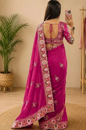 embellished floral mirror work pure georgette designer saree with blouse 