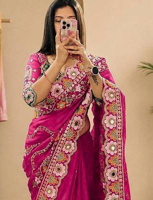 embellished floral mirror work pure georgette designer saree with blouse  4