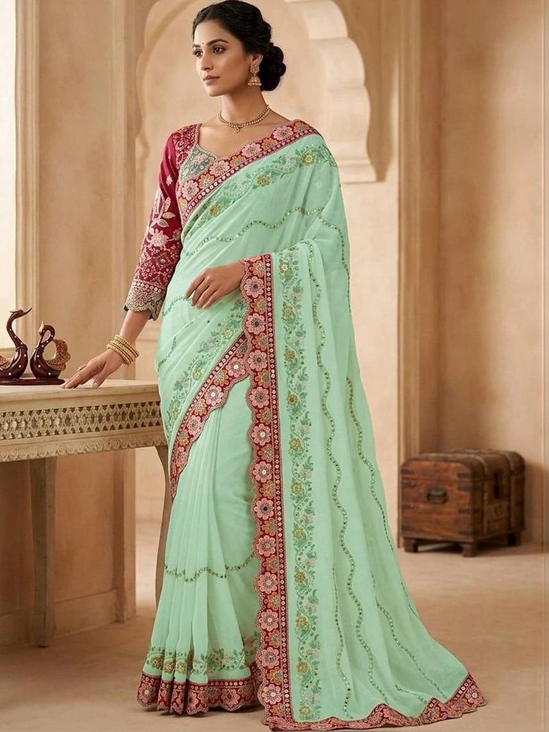 floral embroidered pure georgette designer saree with blouse 