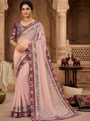 floral mirror work pure georgette designer saree with blouse  1