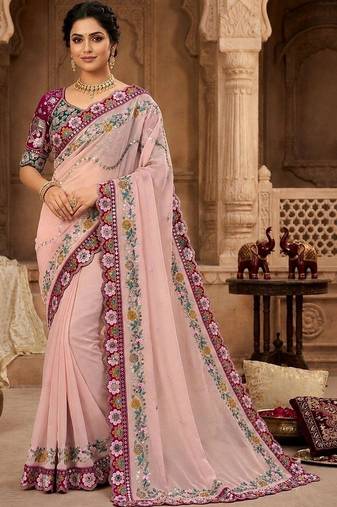 floral mirror work pure georgette designer saree with blouse 